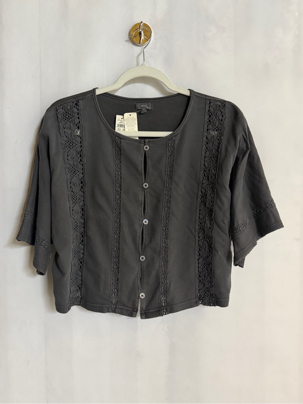 Aerie NWT Charcoal Crochet Lace Button Front Cropped Top Small
